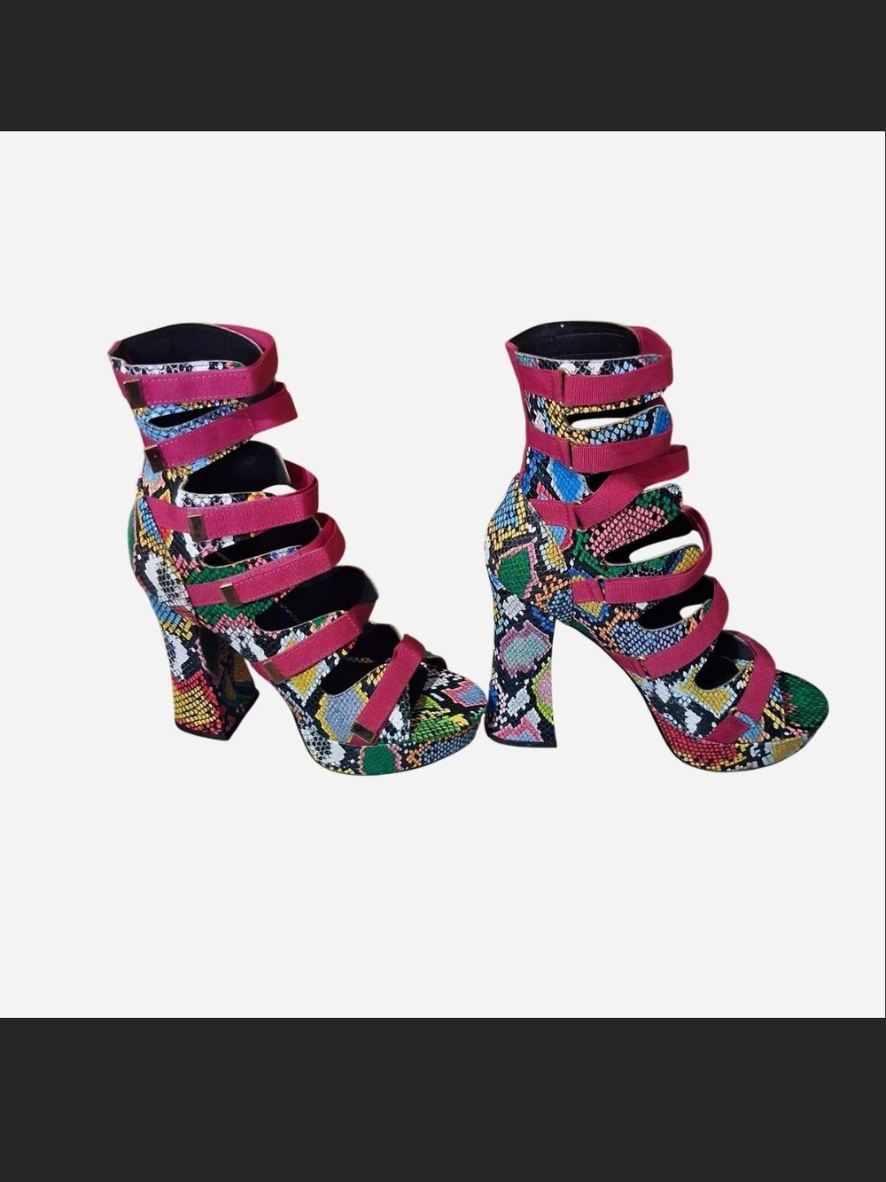 So Me Multicolor Snake-Print Strappy Block Heel Sandals - Pink Straps